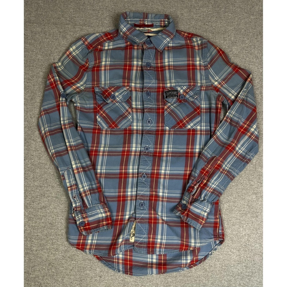 Superdry‎ Shirt Mens Small Blue Red Plaid Button Front Cotton MS4DE003F4